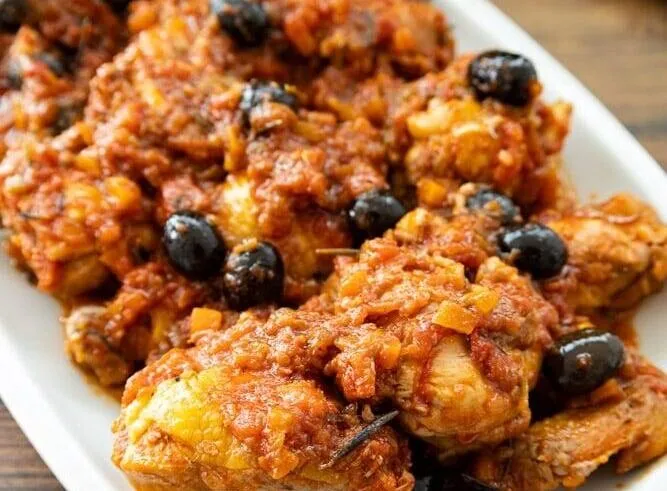 Paolo's chicken with olives, tomatoes.