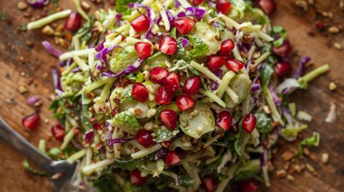 shredded brussel sprout slaw with red cabbae and pomegrates